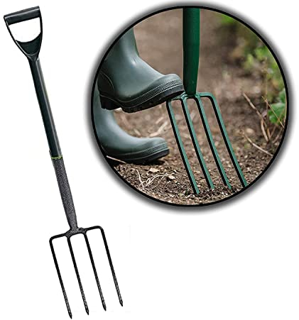 AAMEN 4 Tines Garden Fork Heavy Duty Carbon Steel Digging Fork Small Gardening Forks With Plastic coated D Handle Outdoor Grey Pitch Fork Garden Fork Handle 102 x 21 x 14 CM