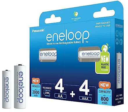 eneloop, AA/Mignon + AAA/Micro NI-MH Akku, 8er-Pack, Kapazität mit min. 2000 + 800 mAh, Ready-to-Use NI-MH Akkus, bis zu 2000 Mal wiederaufladbar, plastikfreier Verpackung, Standard, weiß