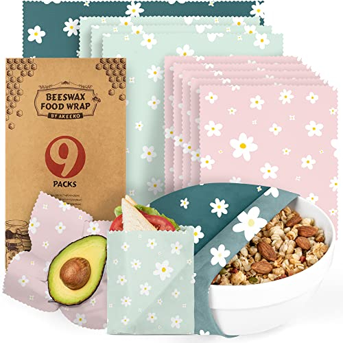 Akeeko Reusable Beeswax Food Wraps - Assorted 9 Packs, Reusable, Plastic-Free Food Storage, 4 Small, 3 Medium, 2 Large Wraps with Boho Flowers Pattern