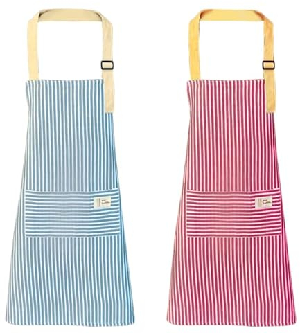 qipuneky 2er Set Küchenschürze Damen, Kochschürze mit Tasche, Schürze aus Baumwolle Leinen, zum Kochen, Backen, Malen, Hausarbeiten