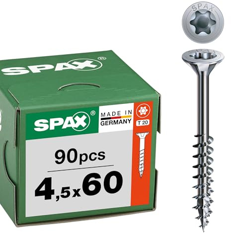 SPAX Universalschraube 4,5x60 mm, 90 St., Senkkopf T20, Teilgewinde, WIROX | Holzbauschraube mit Senkkopf, WIROX A9J Korrosionsschutz, 4CUT Spitze reduziert Spaltwirkung und Vorbohren, Made in Germany