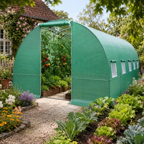 TOM Foliengewächshaus 175 g/m² – Folientunnel mit 2 Türen | Mit Erdankern und Fenstern mit Insektenschutz – Gewächshaus für Tomaten, Gemüse, Pflanzen und Garten