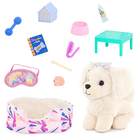 Glitter Girls – Puppenzubehör – Kuscheltier Hund Golden Retriever – mit Hundebett und Haustierzubehör – Puppenhaus Zubehör für 36 cm Puppen – Plüschtier Spielzeug für Kinder ab 3 Jahren