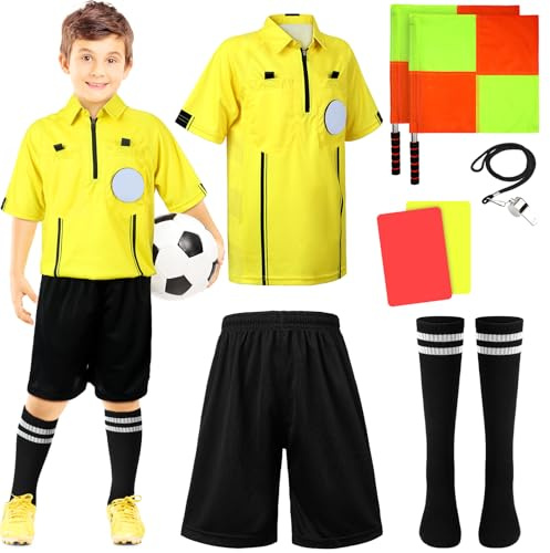 Newcotte 11 Pcs Kids Soccer Referee Kit Halloween Children Referee Costume Umpire Gear Set Youth Ref Shirt Pants Socks Whistle with Lanyard Penalty Flag Soccer Card(Age 8-10)
