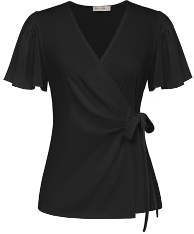 GRACE KARIN Evening Tops for Women UK Work Draped Ruffle Short Sleeve Wrap Tie Slim Fit Top Ladies Party Tops Size 20 Black