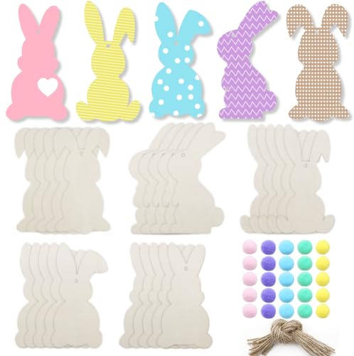 25 Stück unlackierte Osterhasen-Ausschnitte aus Holz für Heimwerker, Kaninchen-Rohholzplatte mit 25 bunten Filz-Pompom-Kugeln zum Bemalen von Oster-Frühlingsdekorationen und hängenden Ornamenten