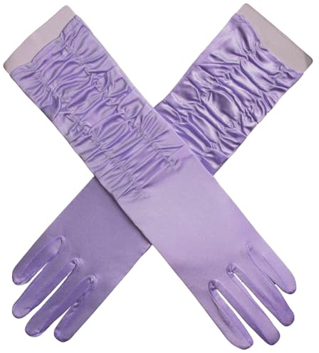 iSpchen Satin Handschuhe Lange gerüschte Satin-Handschuhe Damen Abendhandschuhe Bankett Kleid Handschuhe Plissee-Handschuhe für Braut, Partys, Bälle und Bankette, Handdekoration,helles Lila