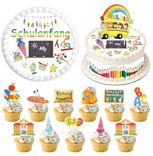 Esspapier Tortendeko Einschulung,17x Schulanfang Kuchen Deko Essbar | Esspapier Schulkind Tortenaufleger Tortenband ABC 123 Schultüte Cupcake Topper für Junge Mädchen Schulanfang Party Deko