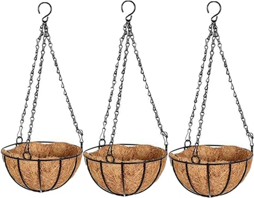 Blumenampel Kokos mit Kette, Metallkorb & Kokoseinlage, Metall Hängeampel Hängekörbe Blumentopf mit Kokosfaser-Auskleidung,Hängepflanzen für Außenbereich, Terrasse, Haus, Garten (3pcs/8 Zoll/20cm)