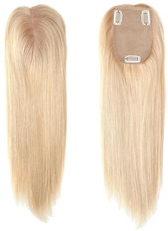 Extension per capelli umani con riga centrale da 30,5 cm, 613 #, biondo, base in seta invisibile, con clip e attaccatura dei capelli (9 x 14 cm)