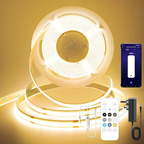 FUIQI COB LED Strip Light 5M,24V Dimmable Dotless LED Strip with App and Remote dimmable,Warm White 2700K,8mm Wide,CRI>90,cutable Strip Lights with Power Supply for Bedroom,Kitchen,cabinets