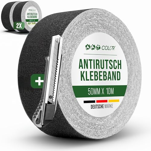 ART COLOR Antirutsch Klebeband Schwarz 50mm x 10m, 2 Rollen inkl. Cuttermesser – Selbstklebendes Grip Tape rutschhemmend für Innen & Außen
