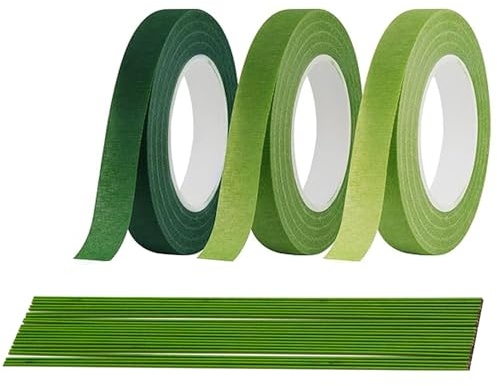 CANCYCC 3 Rollen Floristenband mit 100 Stück Grün Blumendraht, 12 mm Floristik Kreppband, Selbstklebend Blumenband Floristikdraht für Blumenstrauß Stiel Verpacken und Blumenhandwerk 27m/Rolle