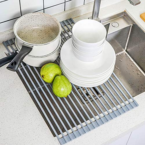 Escurridor de platos enrollable de 20.5 x 13 pulgadas, de acero inoxidable y alfombrilla de silicona, escurridor plegable multiusos extragrande, fácil de almacenar