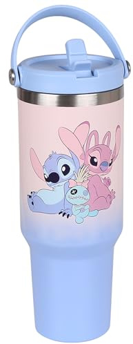 Disney Stitch and Angel Large Thermal Mug with lid and Mouthpiece, Stainless Steel, Travel Mug with Handle 1.18l (Pink-Blue)