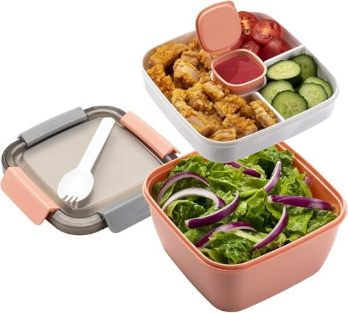 MINIMARG Salad Lunch Box 1.1L – Large Salad Bowl with Lid, BPA-Free |3-Compartment Bento Box Microwave Safe – Yumbox Style Salad Bowl with Dressing Containers, Built-in Reusable Spoon (Pink)