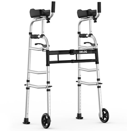 Delog Folding Walker for Senior - Platform Walker with 5’’ Wheels and Removable Padded Armrests 350lbs, Lightweight Walking Mobility Aid, Standard Walker for Elderly (Black)