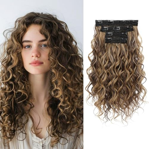 LunarCharm 4-teiliges lockige Haarverlängerungen, 40 cm Clip-in-Haarverlängerungen, kurze lockige unsichtbare natürliche Haarteile für Frauen, Schokoladenbraun mit Highlights