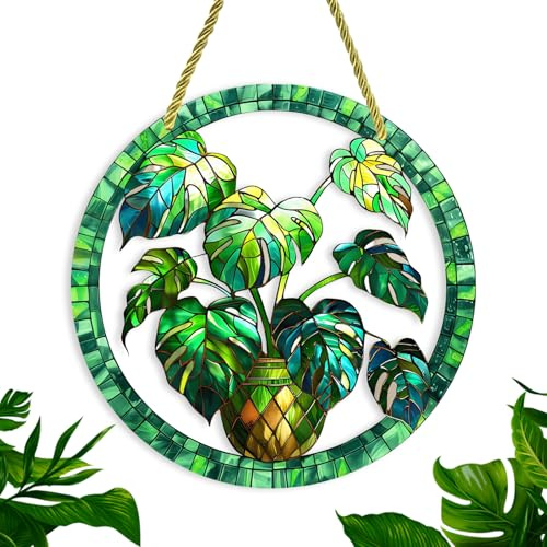 BRDXOOL Acchiappasole con motivo vegetale verde, può essere appeso alla finestra, effetto vetro colorato, acrilico, rifrazione arcobaleno, decorazione interna, decorazione esterna, trasparente