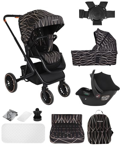 BabyVoyage 3 in 1 Kinderwagen 0-48 Monate, Buggy mit Zwei Umkehrbaren Schiebemodi, Rahmen Aluminiumlegierung, Zusammenklappbargleiten, Vollfederung, 5 Punkt Sicherheitsgurt Kinderwagen-Schwarz&Gold