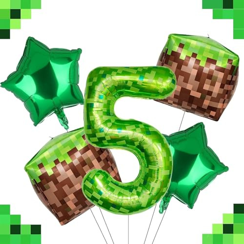Ovanda Luftballon 5, Luftballons Geburtstag 5, Pixelmotiv Riesige Grüne Pixel Miner Thema Zahlenballon, Grasblöcke Luftballon, 5 Stück 100 CM XXL Folienballon 5, Geburtstagsdeko 5 Jahre Junge