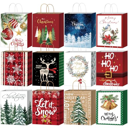 DECHISY 24 Stück Geschenktüten Weihnachten Groß, Papiertüten Weihnachten mit Griffen, Weihnachtsgeschenktaschen geeignet für Urlaub, Weihnachts- und Neujahrsdekorationen, 12 Designs, 32 x 26 x 12 cm