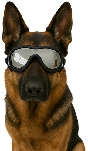 Fohuanky Gafas de Sol para Perros para Razas Medianas y Grandes, con Correa Ajustable, protección UV, para Golden Retriever, Labrador, Pastor Alemán, Boxer (Lente Plateada)