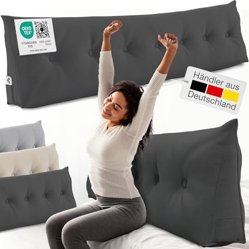 ELONEO Rückenkissen 200 cm breit, Keilkissen für Bett und Sofa geeignet, dreieckiges Lesekissen, Kissen mit abnehmbarem und waschbarem Bezug, mit praktischem Seitenfach