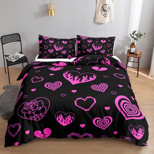 HOSIMA Herz Bettwäsche-Set, 135 x 200 cm, Rosa Herz auf schwarzem Hintergrund, Bettwäsche-Set, 1 Bettbezug, 2 Kissenbezug, mit Reißverschluss, geeignet für Kinder, Jugendliche und Erwachsene
