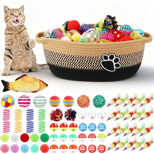 Sosation 70 Pcs Cat Easter Storage Basket Gift Toys Set Colorful Indoor Kitten Toy Assortment Including Mice, Rainbow Balls, Crinkle Balls, Springs Instinct Basket for Cats Interactive Play(Simple)