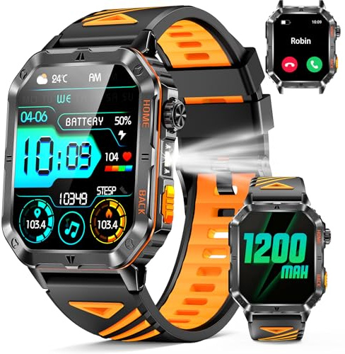 PODOEIL Military Smarty Watch for Men, 2.01 Smartwatch with 1200mAh Battery, Flashlight, Answer/Make Calls, Heart Rate/Sleep Monitor 100+ Sport Modes Fitness Tracker for Android/iPhone