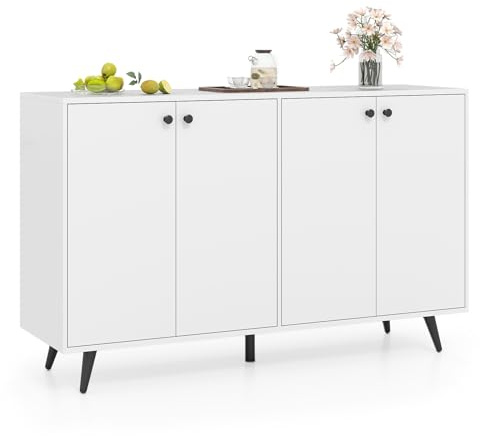 COSTWAY Sideboard Holz, Kommode mit 4 Türen & 5-Fach verstellbare Ablagen, Anrichteschrank Buffetschrank Küchenschrank, Schrank modern, für Wohnzimmer, Küche, Esszimmer, 127,5 x 38 x 80 cm, Weiß
