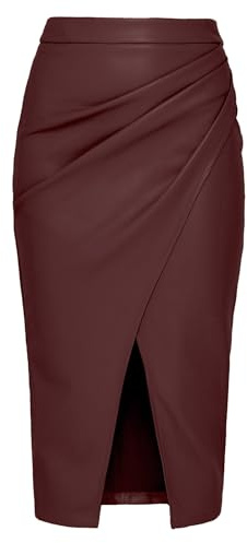 WINDEHAO Women’s Long Leather Skirts, High Waist Pleated Front Slit Faux Leather Midi Skirt Elegant Black Brown Faux Leather Pencil Skirt (Wine red,M)