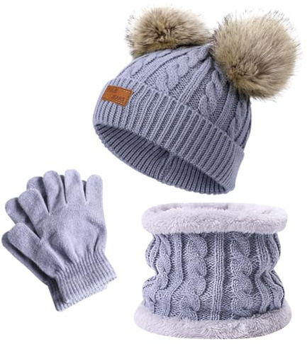 Set de Bufanda Gorro y Guantes, Conjunto de Bufanda Sombrero y Gorro Niño Invierno, Gorros con Pompon Lana NiñoBraga Cuello Polar y guantes de punto cálidos para niño 2-6 Años