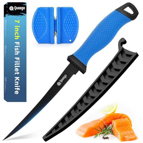 Queego Fillet Knife, 7 Inches Professional Filet Knife for Fish, German G4116 Stainless Steel Blade Fishing Knifes with Two Stage Knife Sharpener,Non-Slip Handles, Protective Nylon Sheath