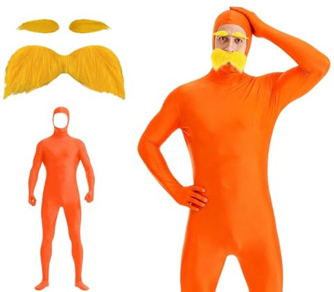 Modaworld 3pc Combinaison intégrale unisexe pour homme et femme - Deguisement Seconde Peau- avce barbe+sourcil - Combinaison seconde peau Carnaval- Deguisement Le Lorax
