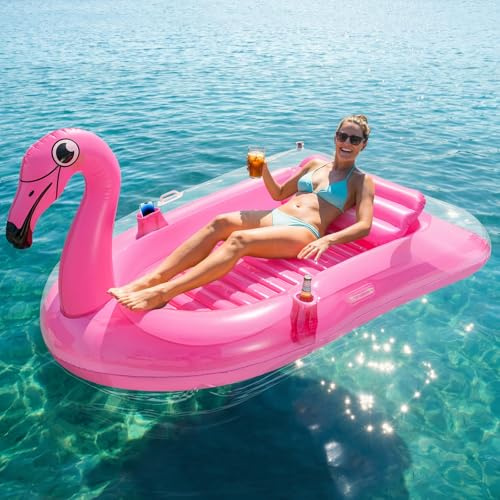 HeySplash Lettino Abbronzante Gonfiabile, Materassino Gonfiabile da Flamingo con Portabicchieri, Cuscino Rimovibile e 2 Maniglie, Galleggiante per Adulti da Piscina, Spiaggia e Giardino