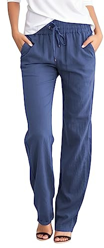 Linen Trousers Women UK Straight Leg Cotton Linen Trousers Drawstring Elastic Waist Lightweight Summer Beach Palazzo Pants with Pockets A-Blue