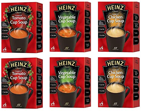 Heinz Cup Soup Variety Bundle 6 Boxes Tomato, Chicken & Vegetable Flavours 2 Packs x 4 Sachets of Each Instant Broth. Exclusive Kingdom Supplies Recipe Tips Sheet.