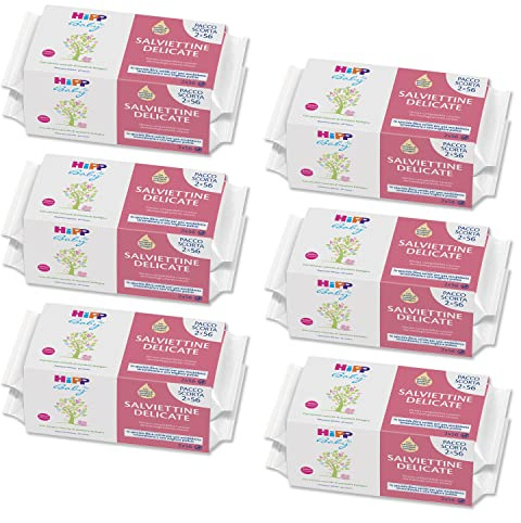 HiPP Baby - Salviettine Delicate per Neonati, Soffici e Extra Morbide, Pelli Normali, 6 Confezioni con 2 Pacchi da 56 Salviettine
