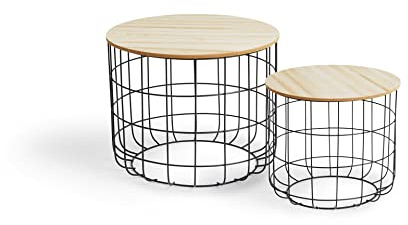LIFA LIVING Runder Couchtisch rund im 2er Set, 2 Beistelltische aus schwarzem Metall und MDF-Holz, Beistelltisch Vintage und Industrial Design, Drahtkorb, bis zu 20 kg belastbar