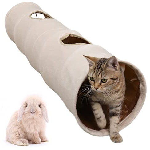 LeerKing Katzentunnel Kaninchen Tunnel Katzenspielzeug Tunnel Hase Spieltunnel Rascheltunnel für Katzen Nager Kleintier Tiere 2 Höhlen Beige 115 * 25cm