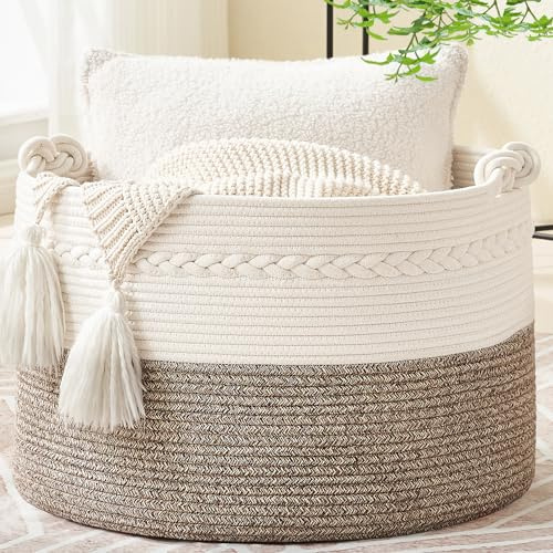 KAKAMAY Large Blanket Basket (20x13),Woven Baskets for storage Baby Laundry Hamper, Cotton Rope Blanket Basket for Living Room, Laundry, Nursery, Pillows, Baby Toy chest (White/Beige)
