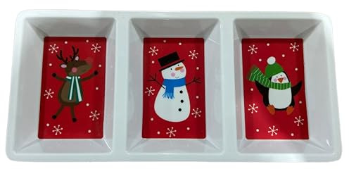 eBoutik - Christmas Platter Plate - Colourful Compartment Reusable Serving Platters for Xmas Dinner, Xmas Eve, or Festive Sweets - Santa & Snowman Design (White)