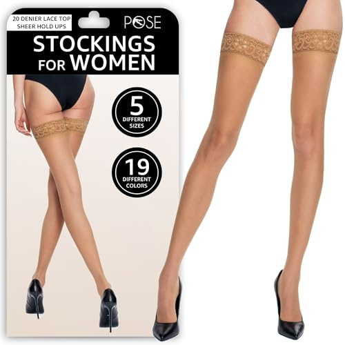 POSE 20 Denier Lace Top Sheer Hold Ups Stockings with Narrow Lace and Anti-skid Silicone
