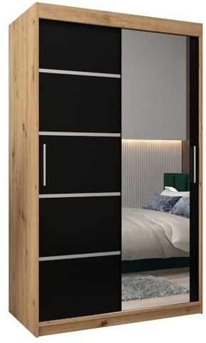 MEBLE KRYSPOL Kleiderschrank mit Spiegel Verona 2 - Garderobenschrank - Schrank Schlafzimmer - Mehrzweckschrank Zwei Schiebetüren - Regalen - Flur Möbel - Kleiderstange Schrank - Allzweckschrank