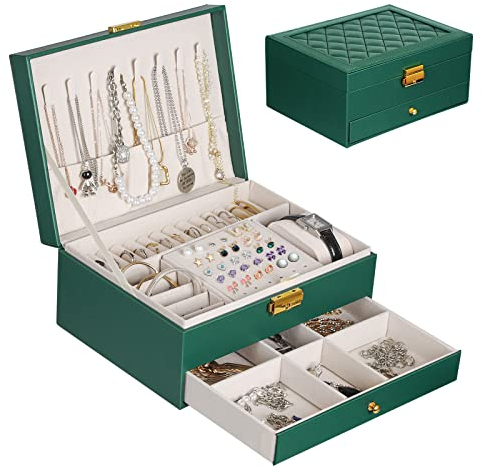 YOCOLE Portagioie Donna, 2 Livelli Porta Gioielli da Viaggio Ragazza in Pelle PU, Grande Gioielli Scatola Organizer per Anelli, Orecchini, Collane, Orologi, con Serratura e Chiave, Verde