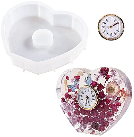 Yayatty Uhr Epoxidharz Gießformen, Herzförmig Uhr Silikonharz Formen Uhr Harzformen Gießformen mit Uhrwerken Zubehör für DIY Basteln, Heimdekoration