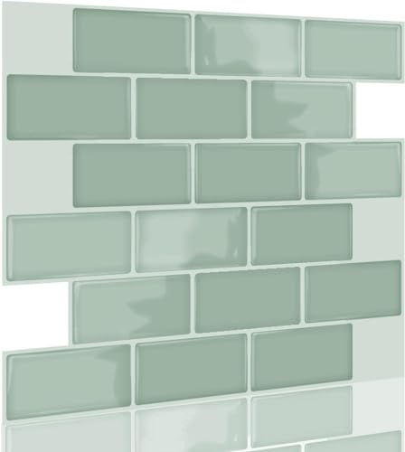 Neukids 10pcs 3D Sage Green Tile Stickers, 3D Thickened Self Adhesive Wall Tiles, Peel and Stick Kitchen Splashback Decals, Tile Transfer for Kitchen Bathroom Toilet Laundry RV Wall Backsplash