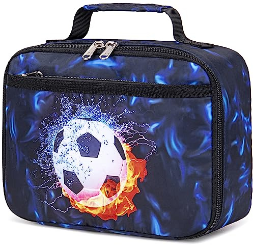 LEDAOU Kinder Lunchtasche Jungs Mädchen 5L Lunch bag Isoliertasche mit Reißverschluss Thermotasche Lunchbeutel Kühltasche für Schule Wandern Arbeit (Fußball Schwarz Blau)